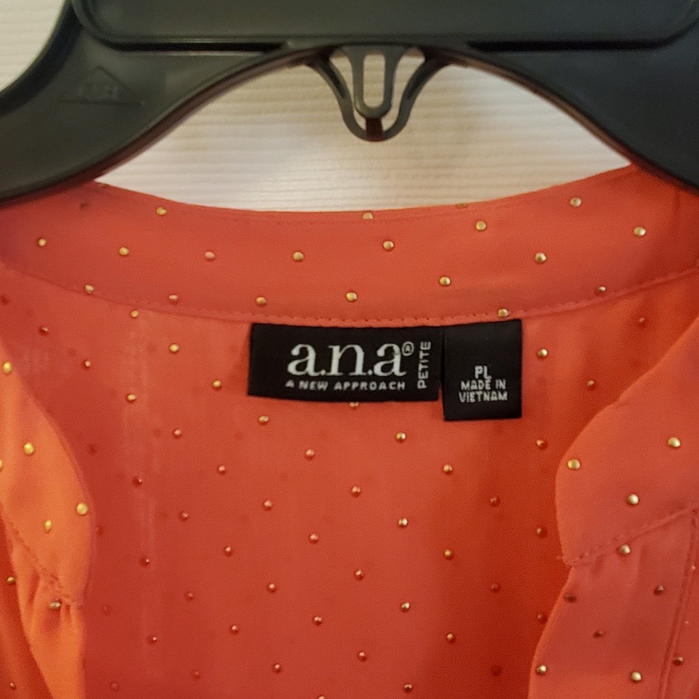 a.n.a. sz Petite L spice coral sheer long slv top NWT gold dot feminine romantic - Picture 2 of 14